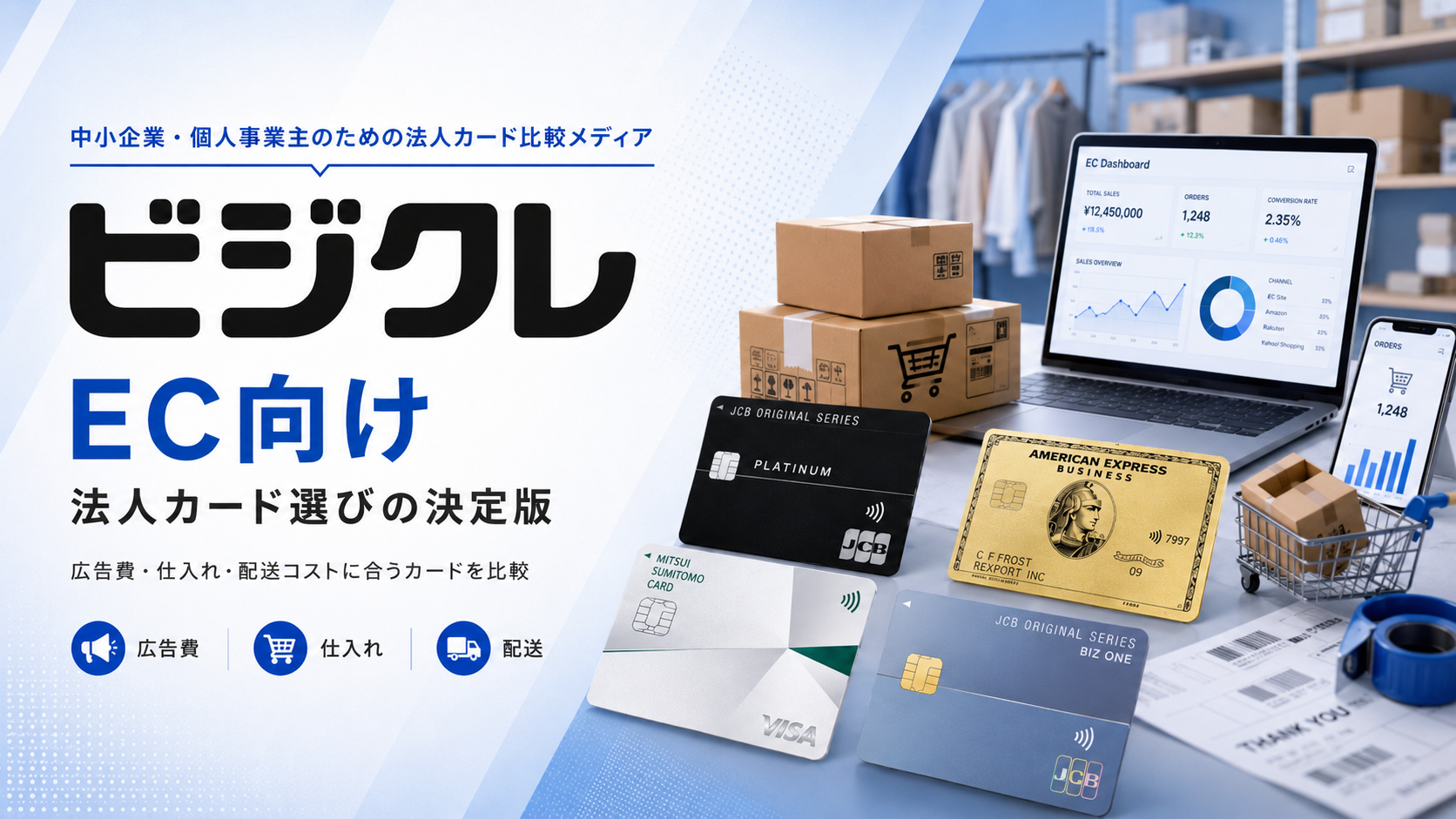 EC事業の広告費・仕入れ・配送費と法人カード選びを表したビジクレの編集画像
